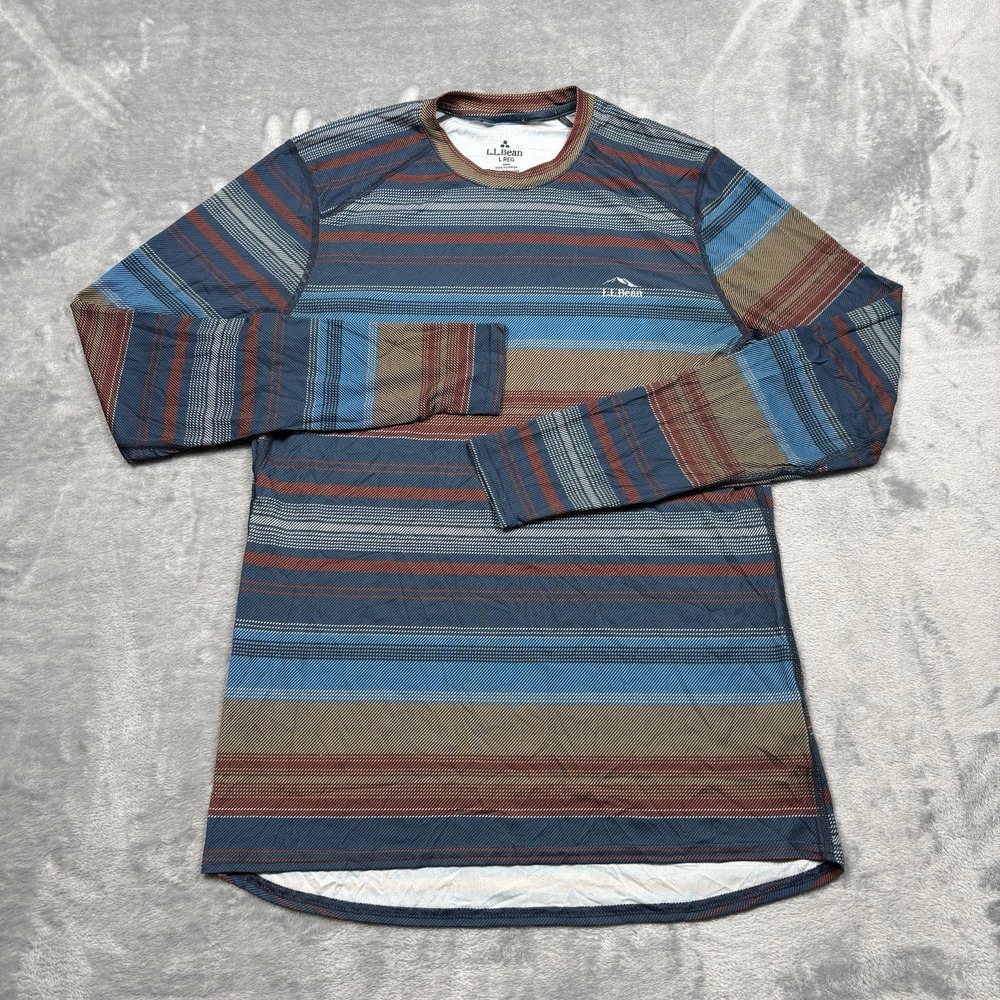 L.L.Bean Men's Large Base Layer Shirt Blue Brown Geometric Long Sleeve Stretch